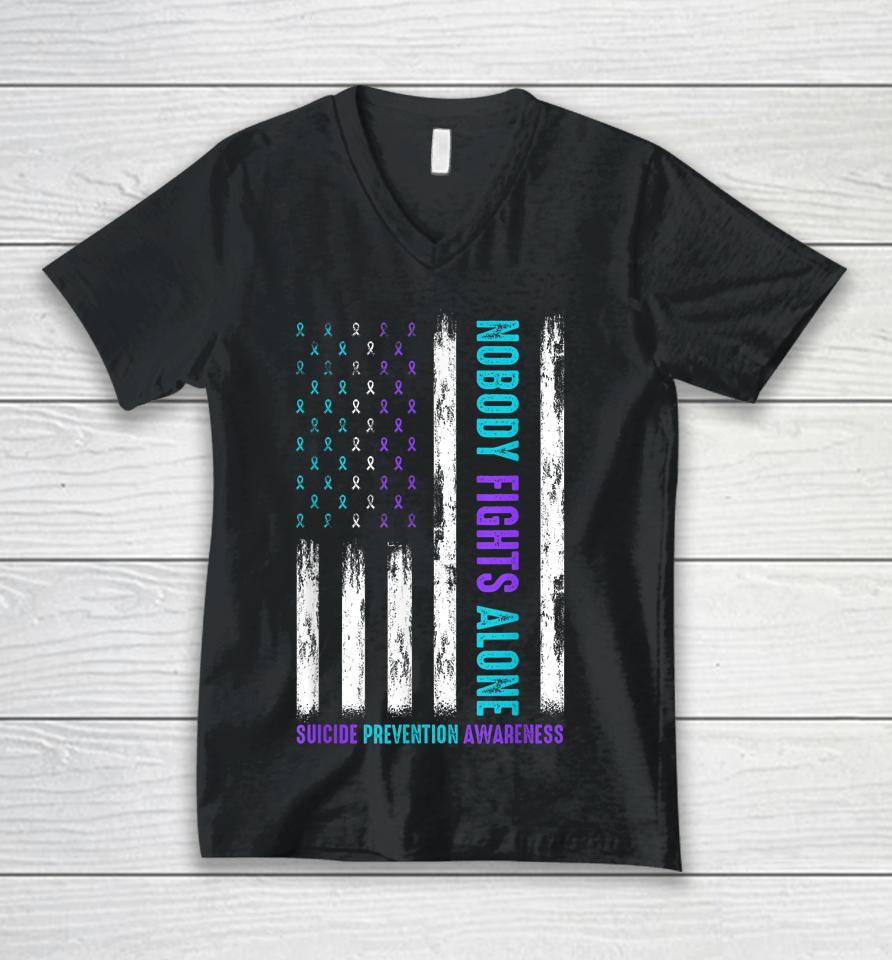Usa Flag Nobody Fights Alone Suicide Prevention Awareness Unisex V-Neck T-Shirt