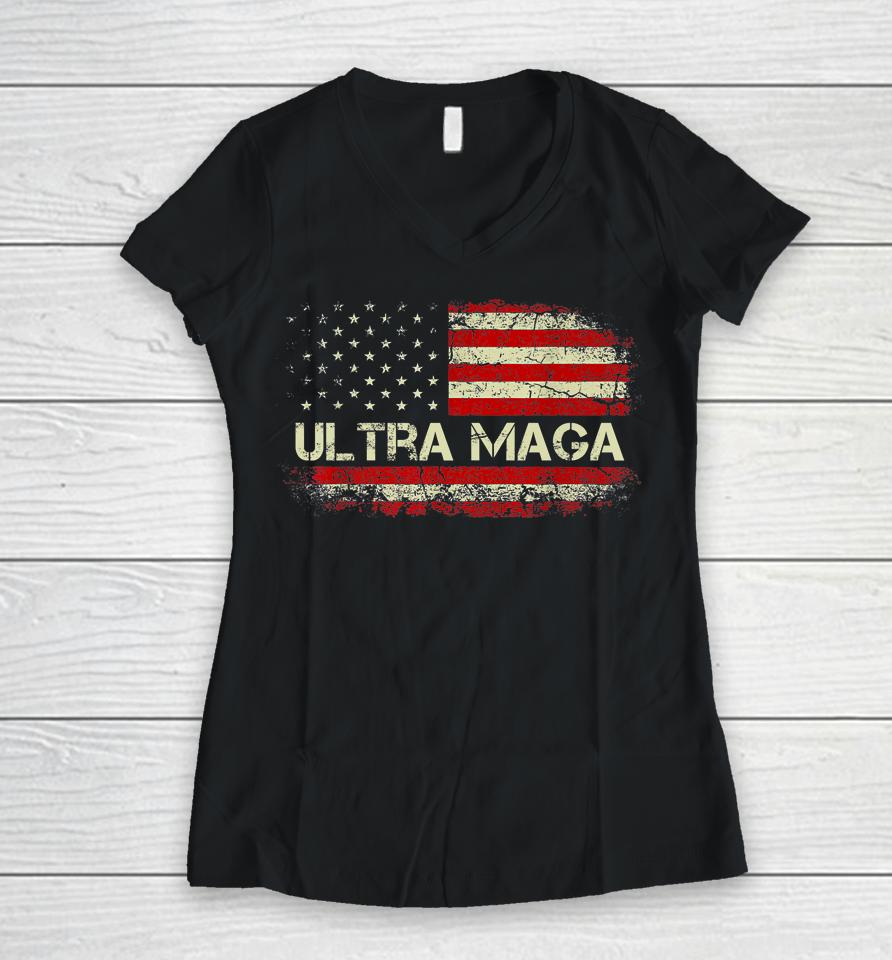 Usa Flag Vintage Ultra Maga Women V-Neck T-Shirt
