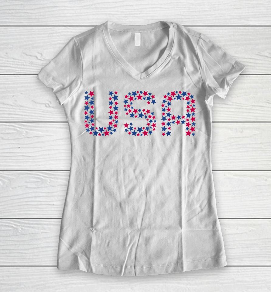 Usa Patriotic American Stars 4Th Of July Women V-Neck T-Shirt