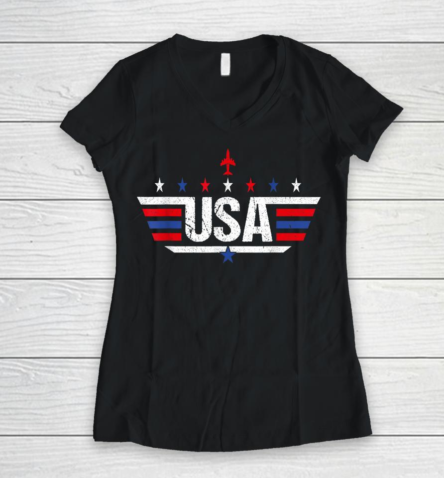 Usa Shirt For Women Men Kids Patriotic American Flag Women V-Neck T-Shirt