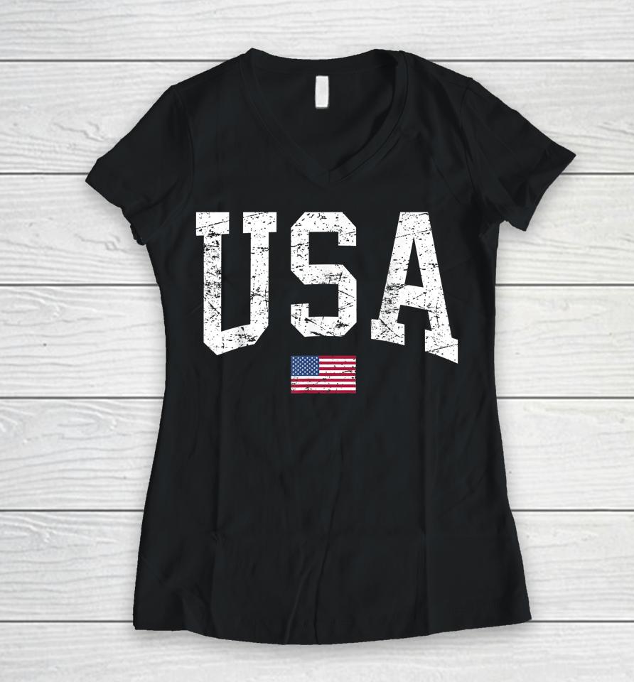 Usa Shirt Patriotic American Flag Distressed Women V-Neck T-Shirt