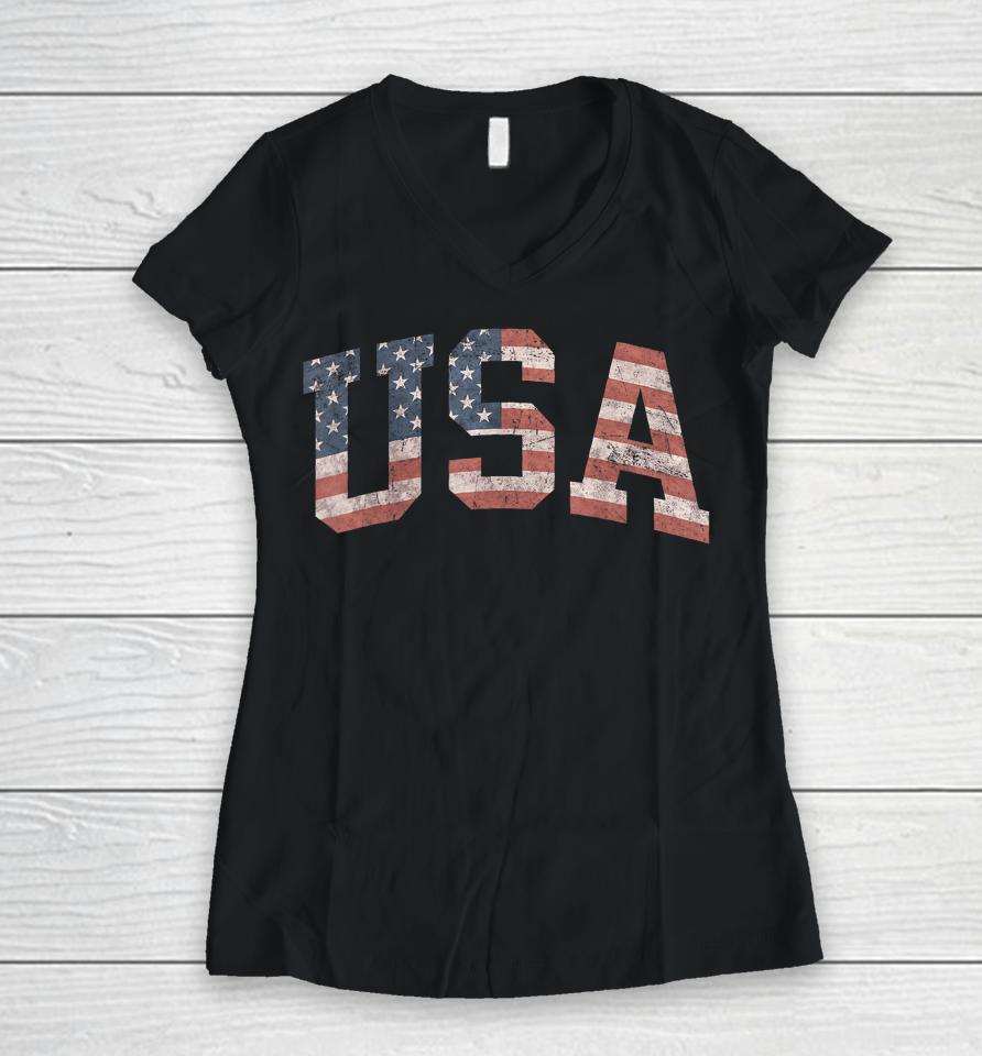 Usa Shirt Women Men Kids Patriotic American Flag Distressed Women V-Neck T-Shirt