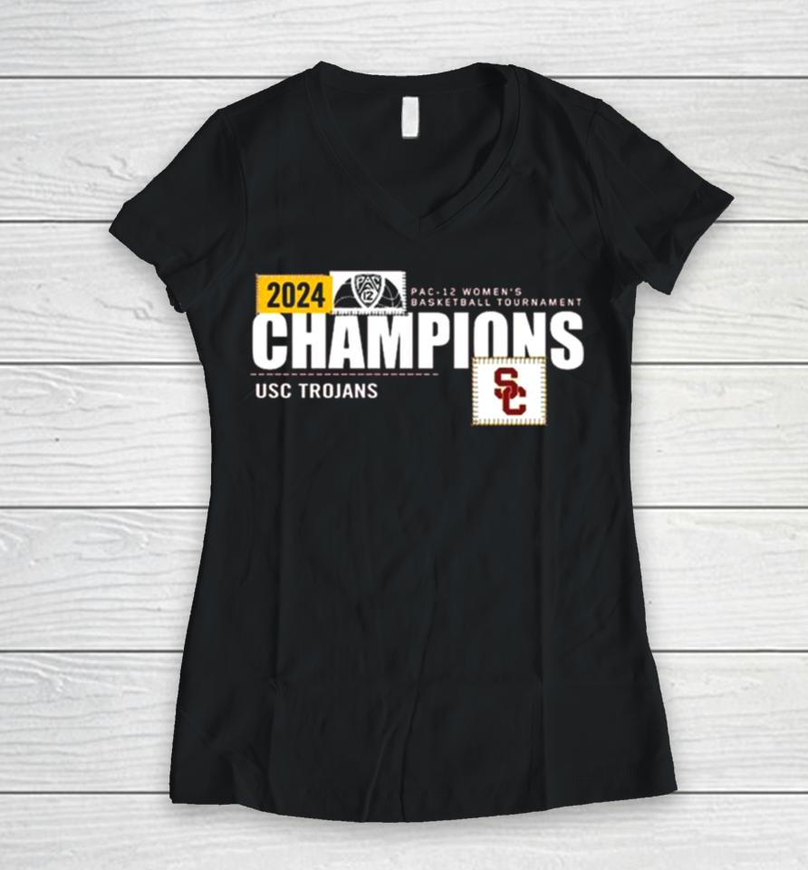 Usc Trojans 2024 Pac 12 Women’s Basketball Conference Tournament Champions Locker Room Women V-Neck T-Shirt