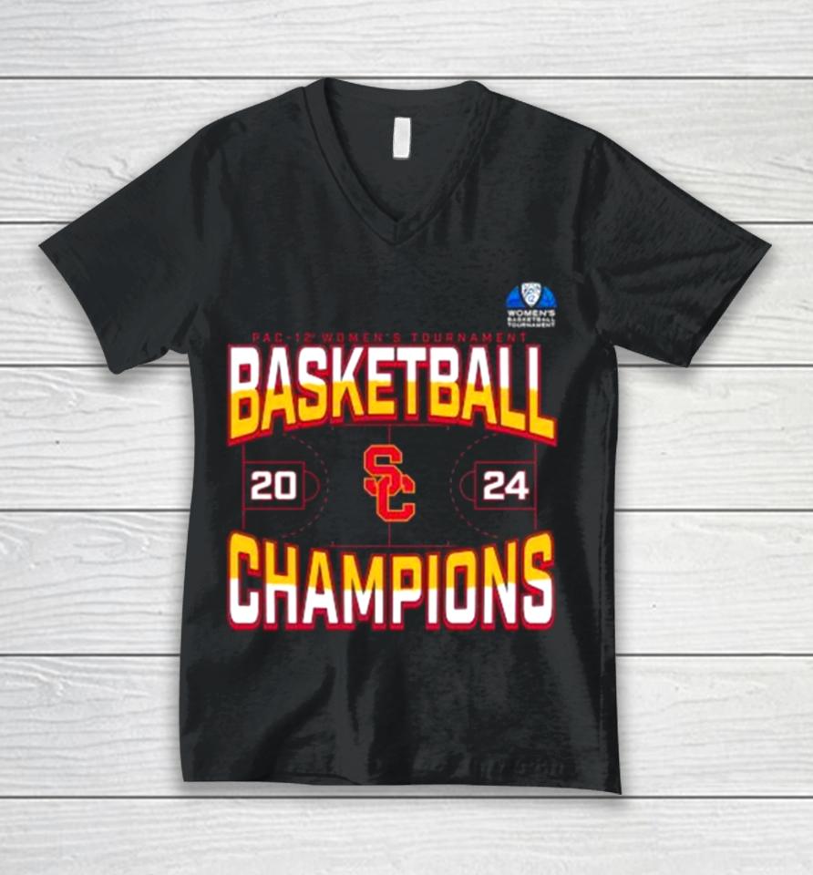 Usc Trojans 2024 Pac 12 Women’s Basketball Conference Tournament Champions Three Pointer Unisex V-Neck T-Shirt