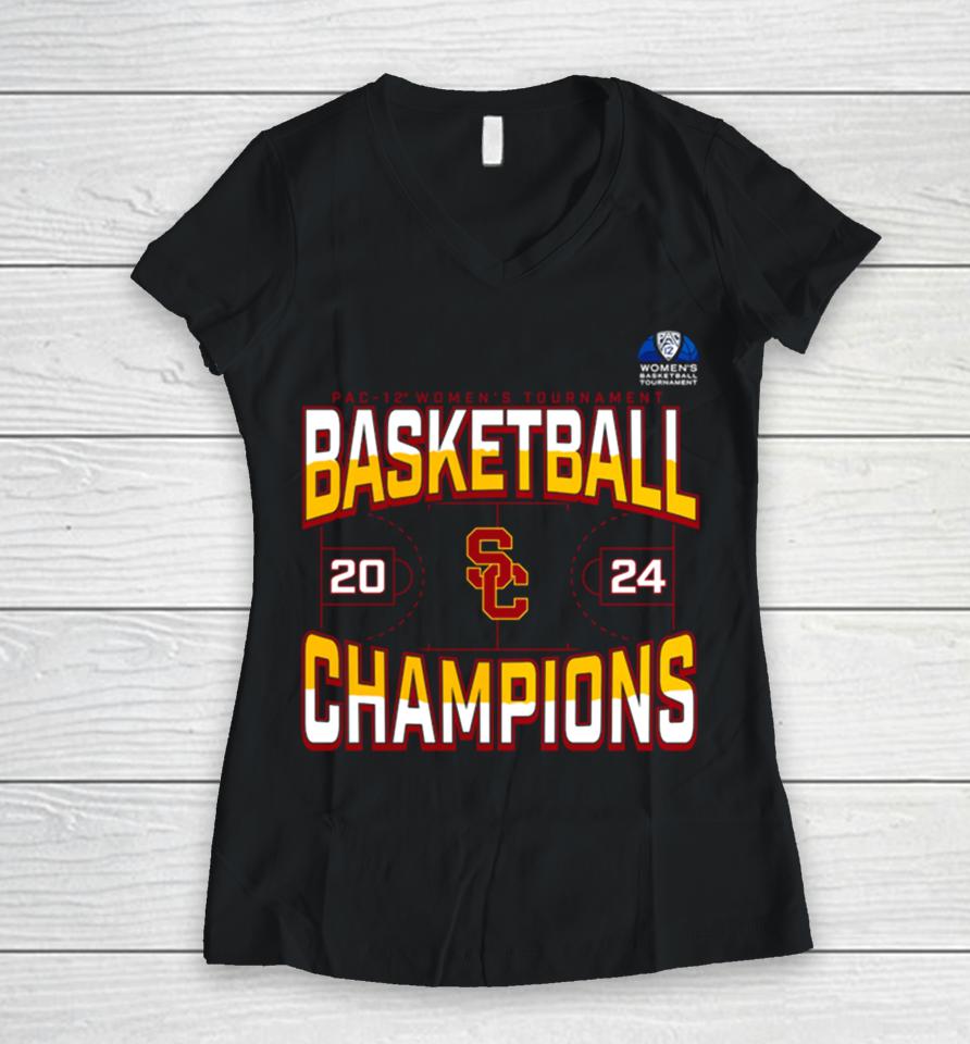 Usc Trojans 2024 Pac 12 Women’s Basketball Conference Tournament Champions Three Pointer Women V-Neck T-Shirt