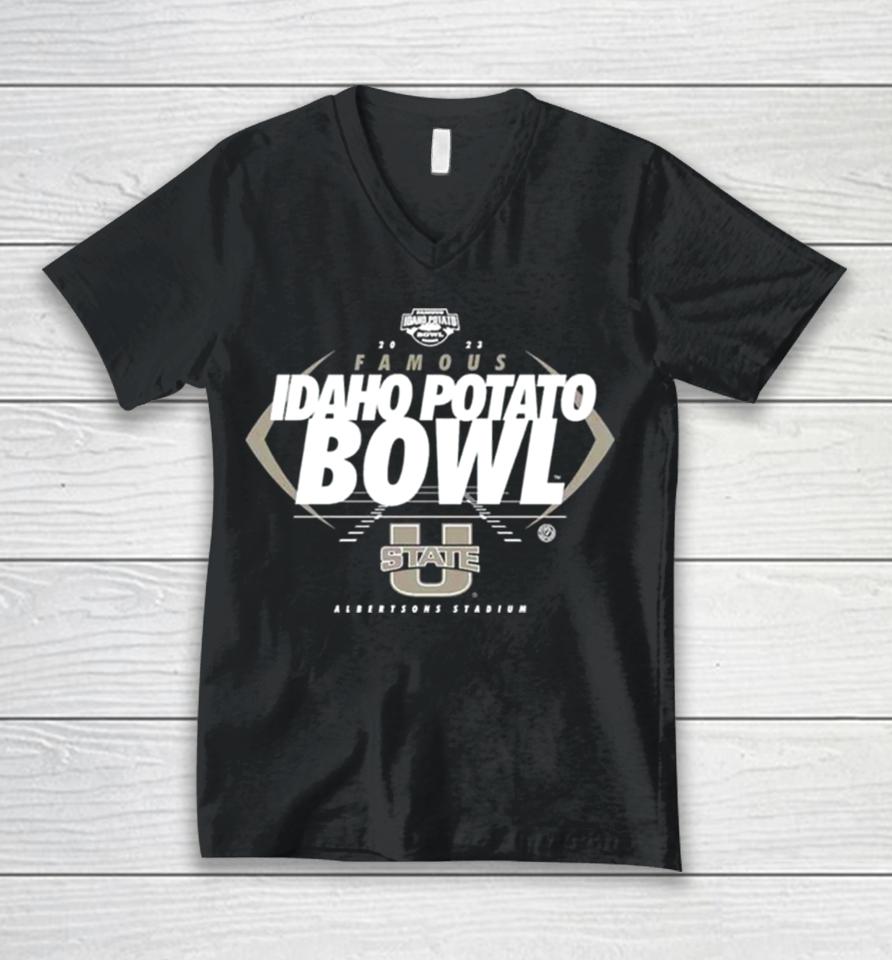Utah State Aggies Famous Idaho Potato Bowl 2023 Albertsons Stadium Logo Unisex V-Neck T-Shirt