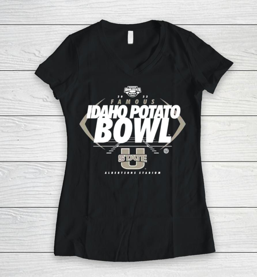 Utah State Aggies Famous Idaho Potato Bowl 2023 Albertsons Stadium Logo Women V-Neck T-Shirt