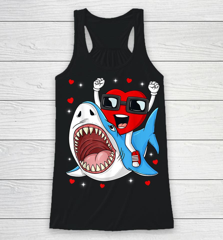 Valentines Day Heart Riding Shark Racerback Tank