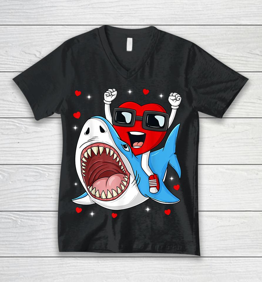 Valentines Day Heart Riding Shark Unisex V-Neck T-Shirt