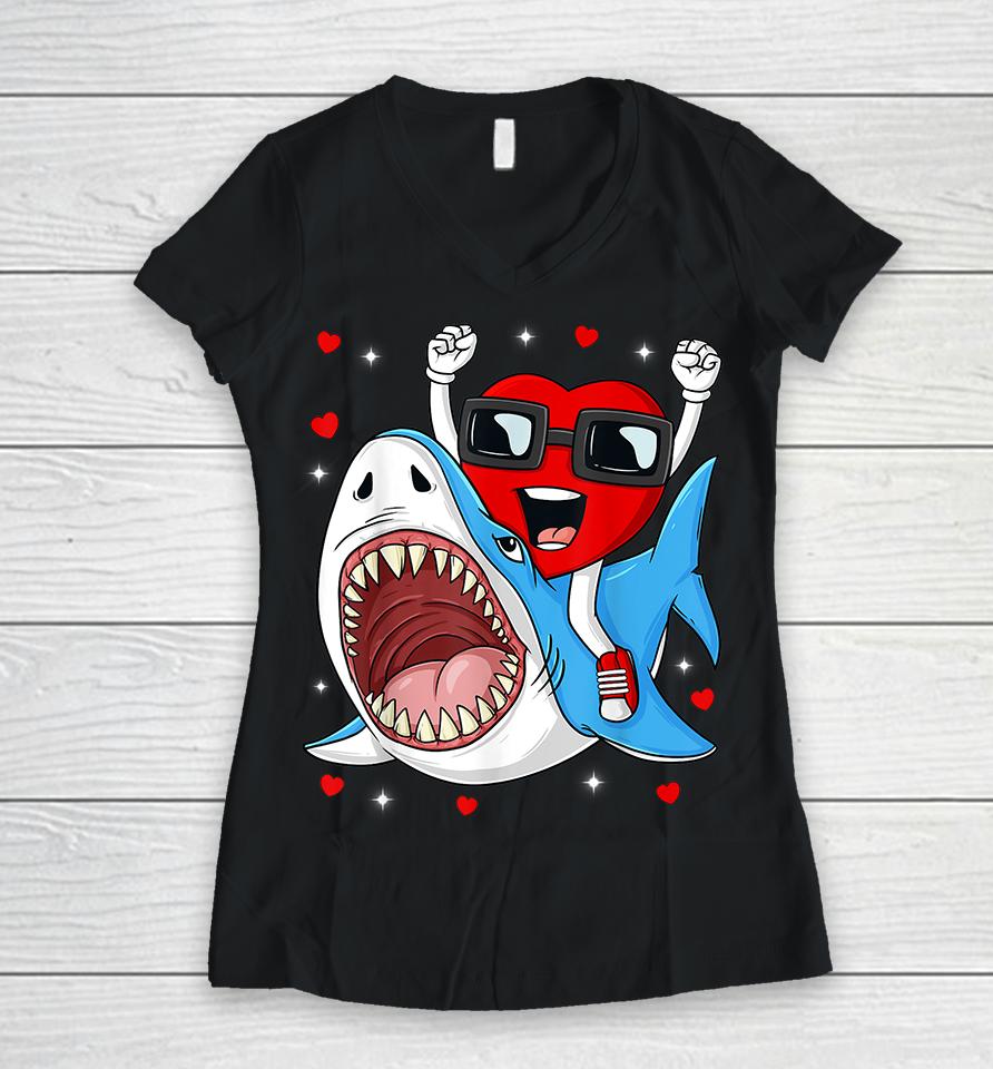 Valentines Day Heart Riding Shark Women V-Neck T-Shirt
