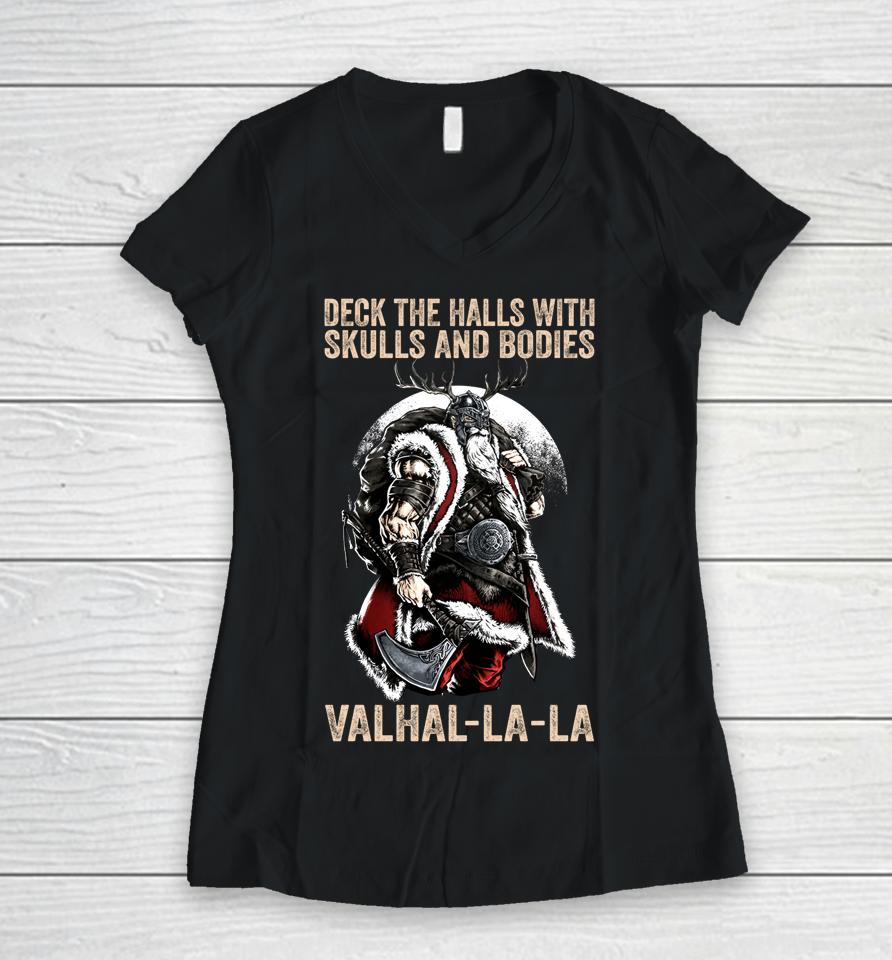 Valhalla-La Deck The Halls With Skulls And Bodies Vintage Women V-Neck T-Shirt