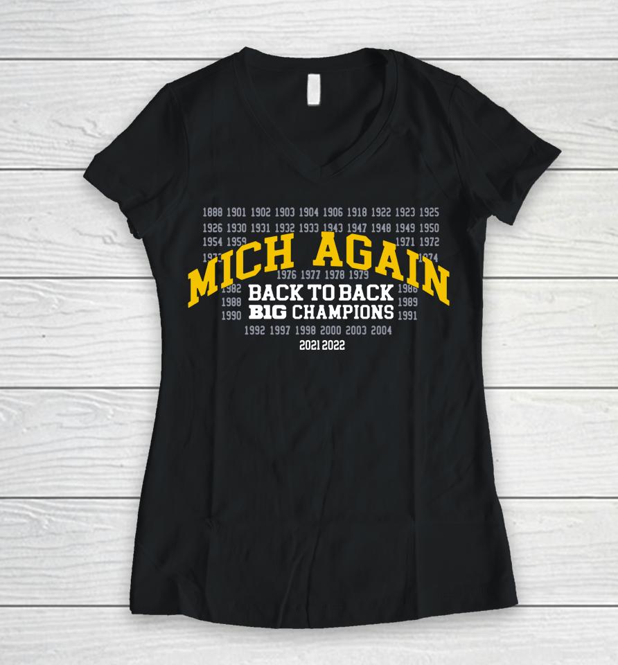 Valiant University Of Michigan Football Mich-Again Back-To-Back Big Ten Champions Navy Nil Women V-Neck T-Shirt