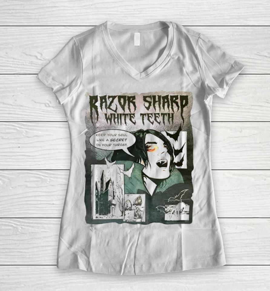 Vampire Razor Sharp White Teeth Women V-Neck T-Shirt