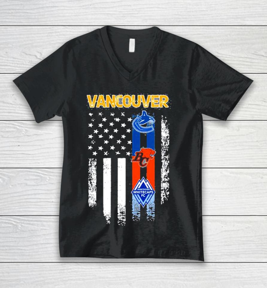 Vancouver Sports Vancouver Canucks, Vancouver Whitecaps Fc And Bc Lions Flag Unisex V-Neck T-Shirt
