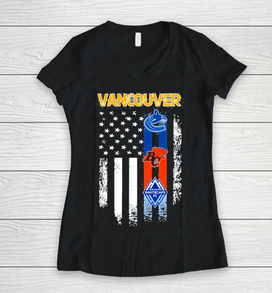 Vancouver Sports Vancouver Canucks, Vancouver Whitecaps Fc And Bc Lions Flag Women V-Neck T-Shirt