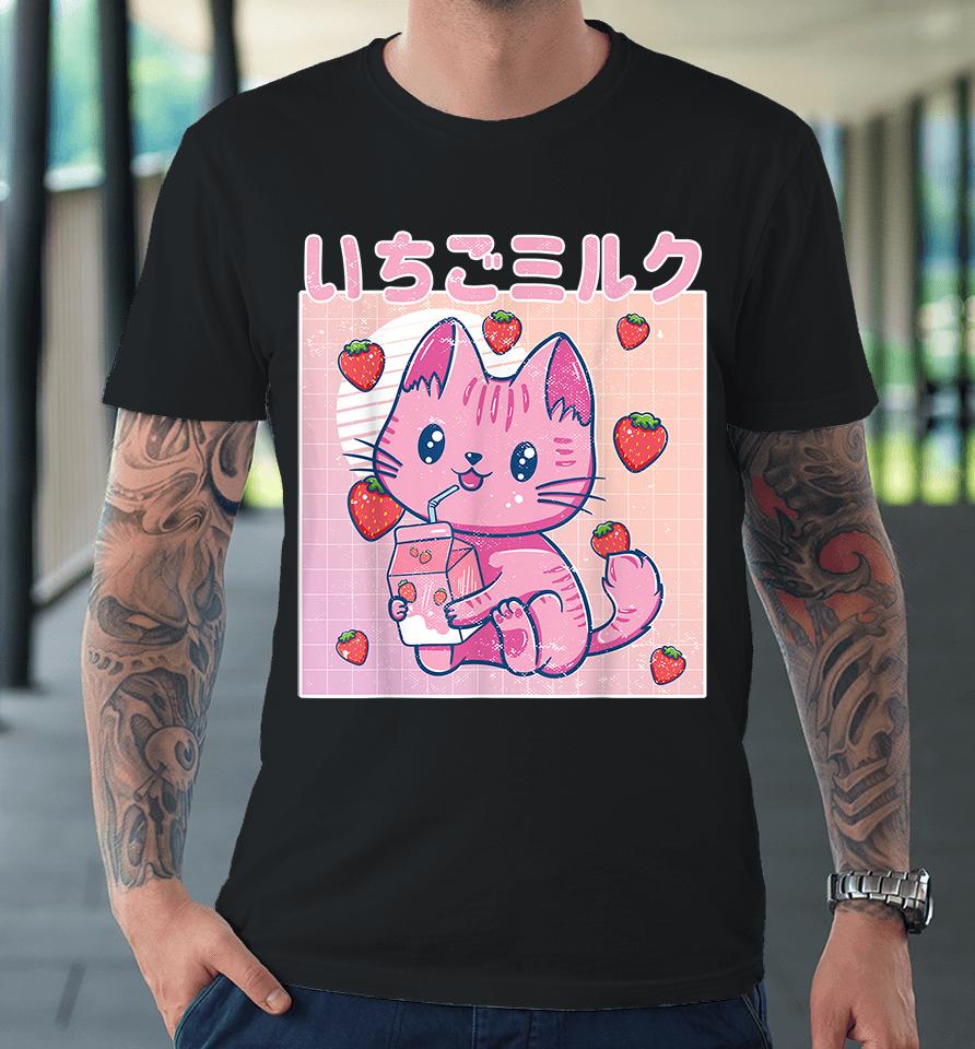 Vaporwave Strawberry Cat 90S Japanese Kawaii Strawberry Milk Premium T-Shirt