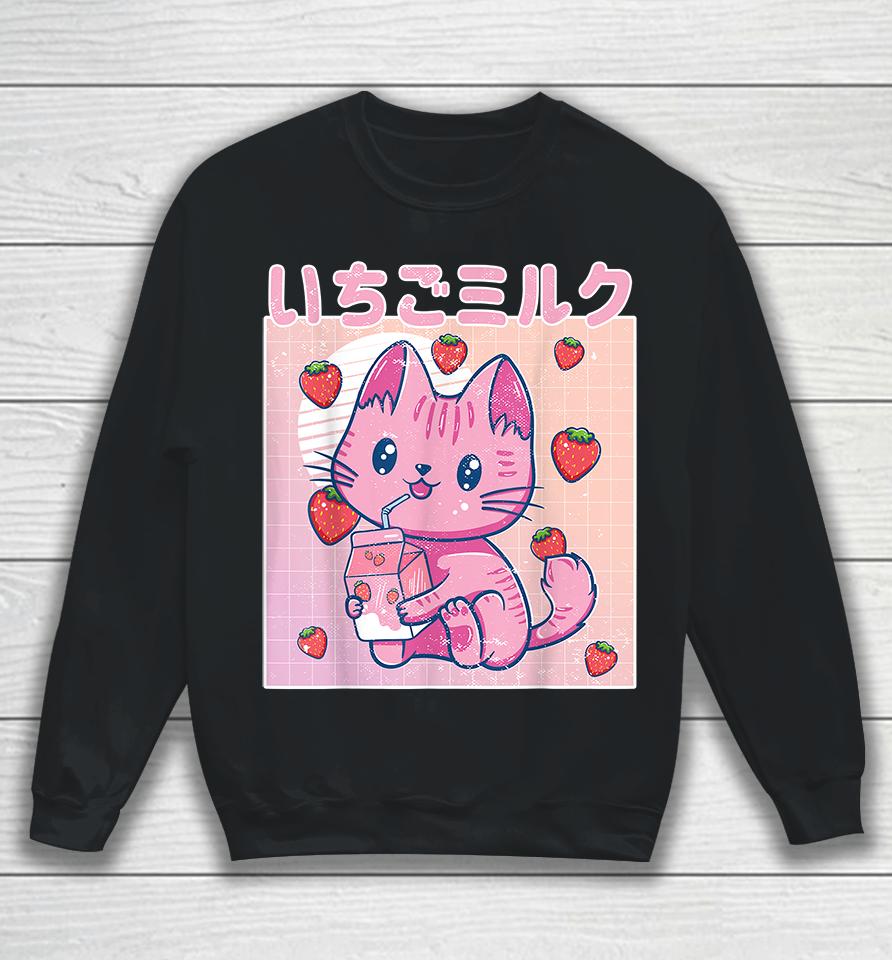 Vaporwave Strawberry Cat 90S Japanese Kawaii Strawberry Milk Sweatshirt