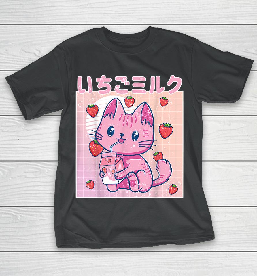 Vaporwave Strawberry Cat 90S Japanese Kawaii Strawberry Milk T-Shirt