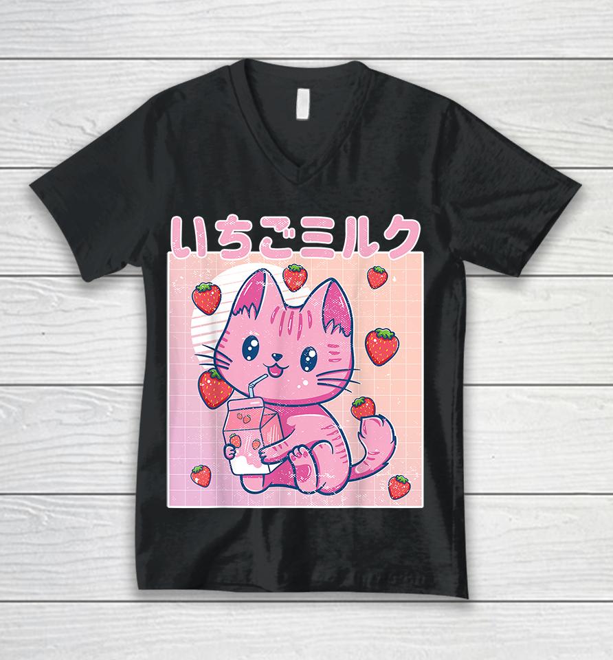 Vaporwave Strawberry Cat 90S Japanese Kawaii Strawberry Milk Unisex V-Neck T-Shirt