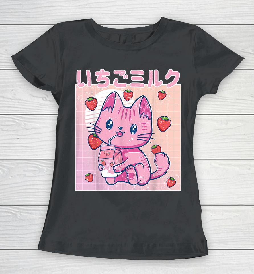 Vaporwave Strawberry Cat 90S Japanese Kawaii Strawberry Milk Women T-Shirt
