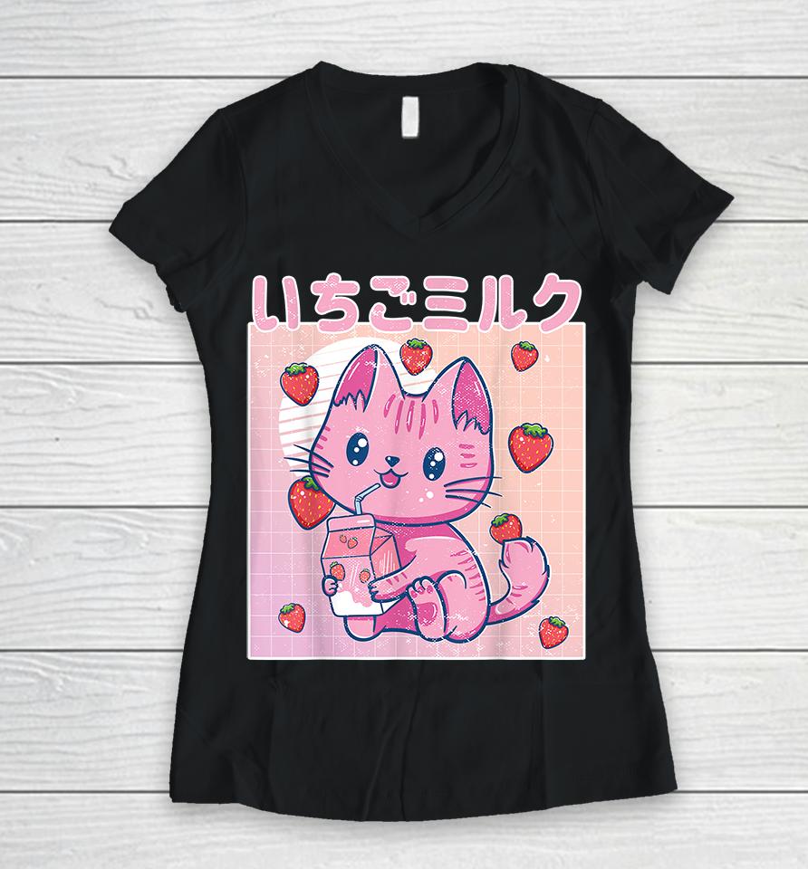 Vaporwave Strawberry Cat 90S Japanese Kawaii Strawberry Milk Women V-Neck T-Shirt