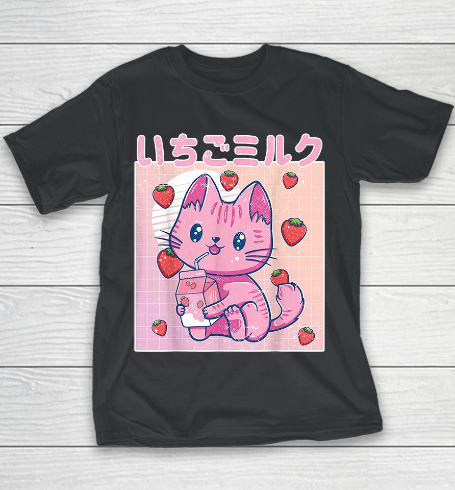 Vaporwave Strawberry Cat 90S Japanese Kawaii Strawberry Milk Youth T-Shirt