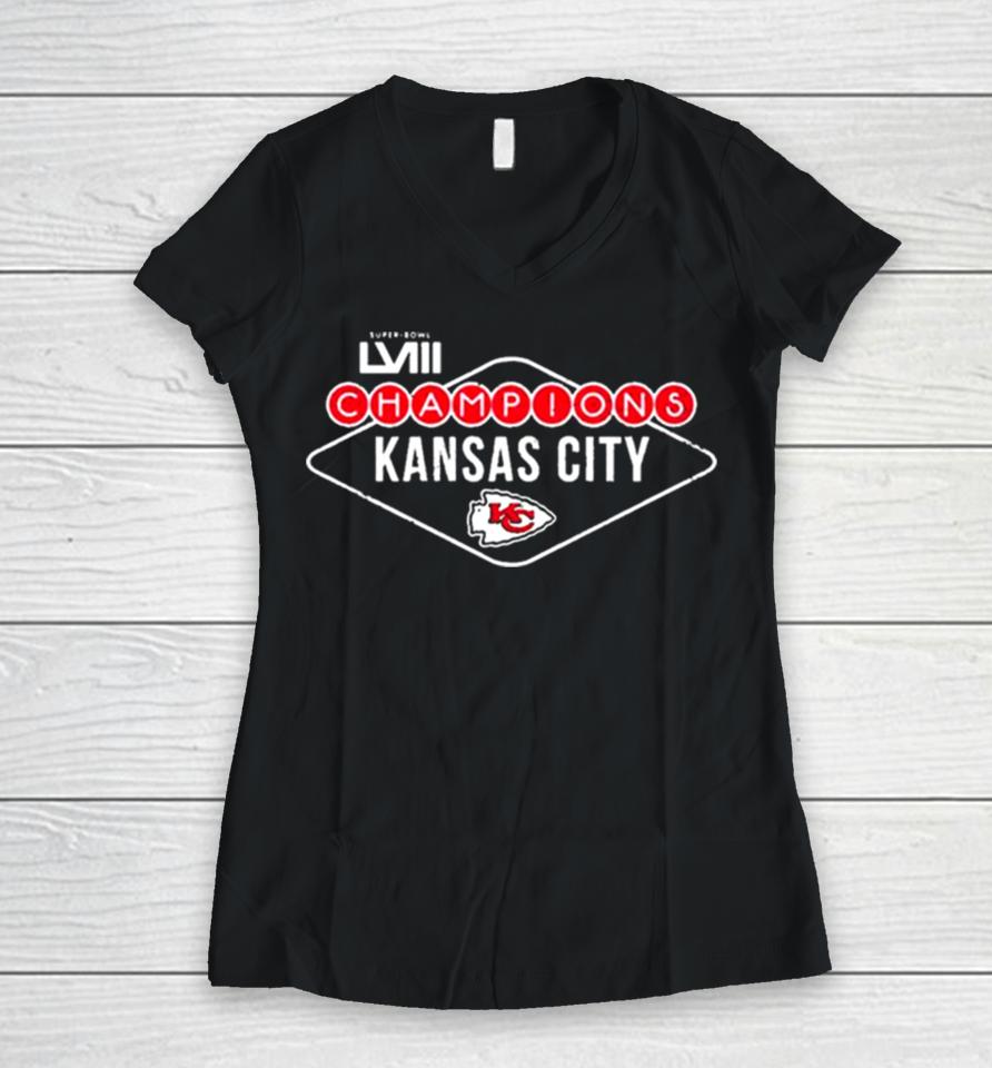 Vegas Sign Kansas City Chiefs Super Bowl Lviii Champions Women V-Neck T-Shirt