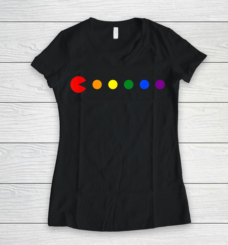 Video-Game Rainbow Polka Dot Gay Pride Month Lgbtq Ally Women V-Neck T-Shirt