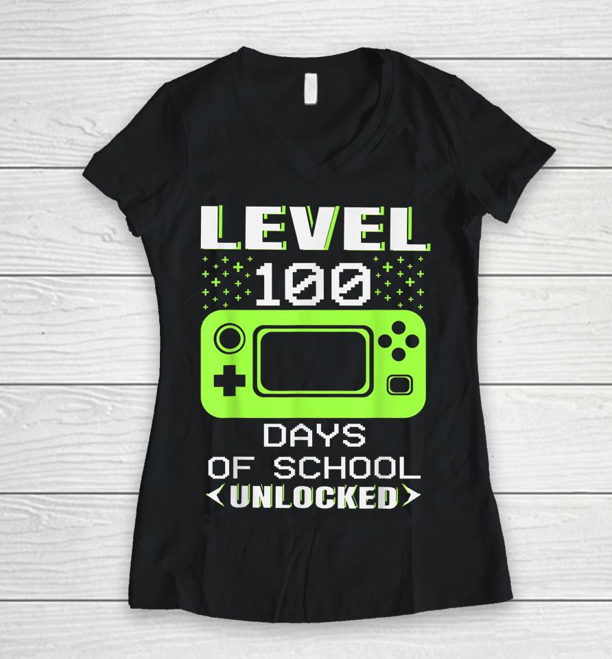 Video Gamer Student 100Th Day Teacher 100 Days Of School Women V-Neck T-Shirt