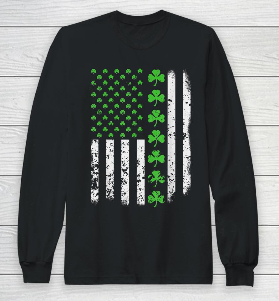 Vintage American Usa Flag Shamrock Green Clover St Patrick's Day Long Sleeve T-Shirt