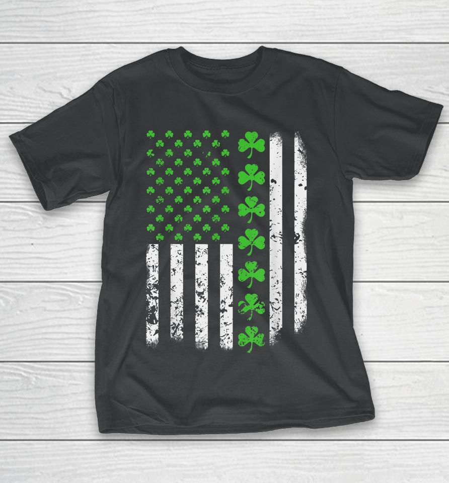 Vintage American Usa Flag Shamrock Green Clover St Patrick's Day T-Shirt
