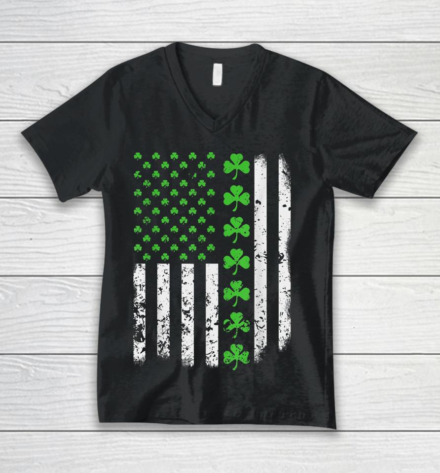 Vintage American Usa Flag Shamrock Green Clover St Patrick's Day Unisex V-Neck T-Shirt
