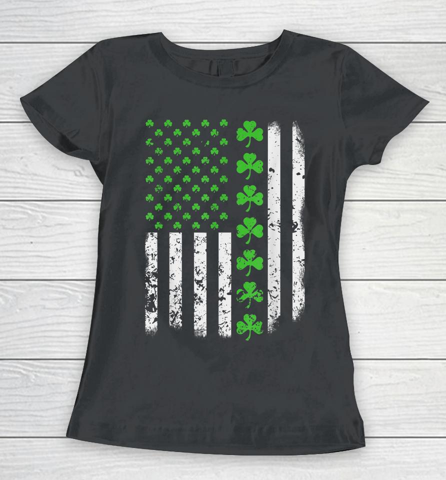 Vintage American Usa Flag Shamrock Green Clover St Patrick's Day Women T-Shirt