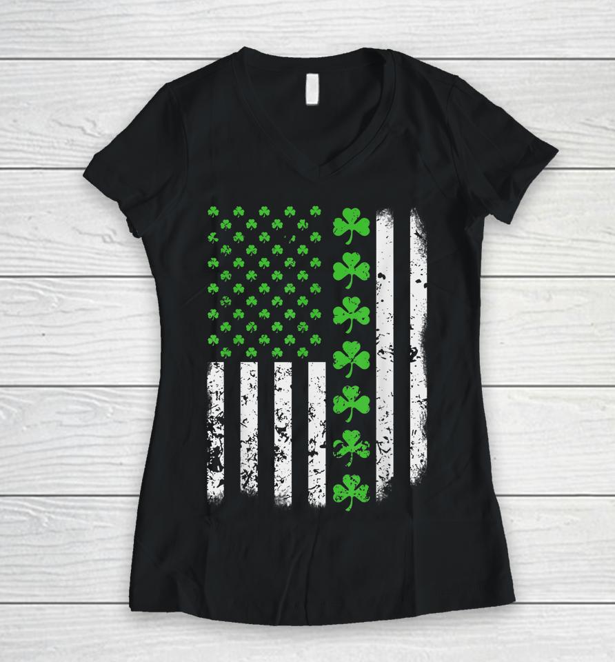 Vintage American Usa Flag Shamrock Green Clover St Patrick's Day Women V-Neck T-Shirt