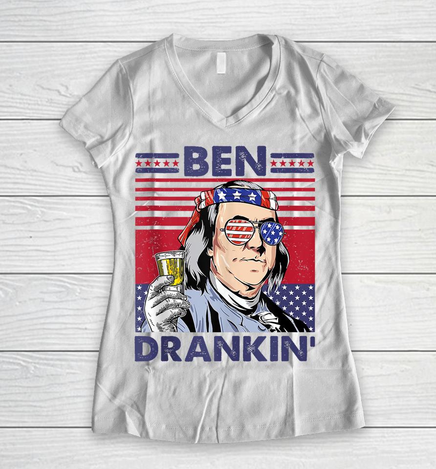 Vintage Ben Drankin' Funny 4Th Of July Drinking Presidents Women V-Neck T-Shirt