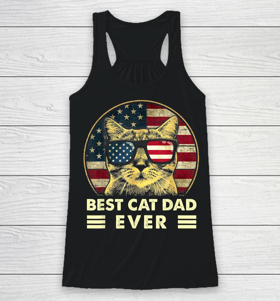 Vintage Best Cat Dad Ever American Flag Us Funny Father's Day Racerback Tank