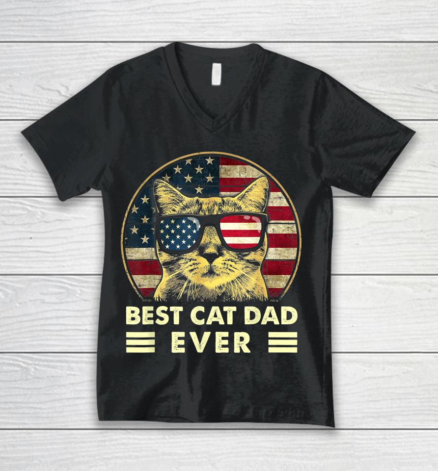 Vintage Best Cat Dad Ever American Flag Us Funny Father's Day Unisex V-Neck T-Shirt