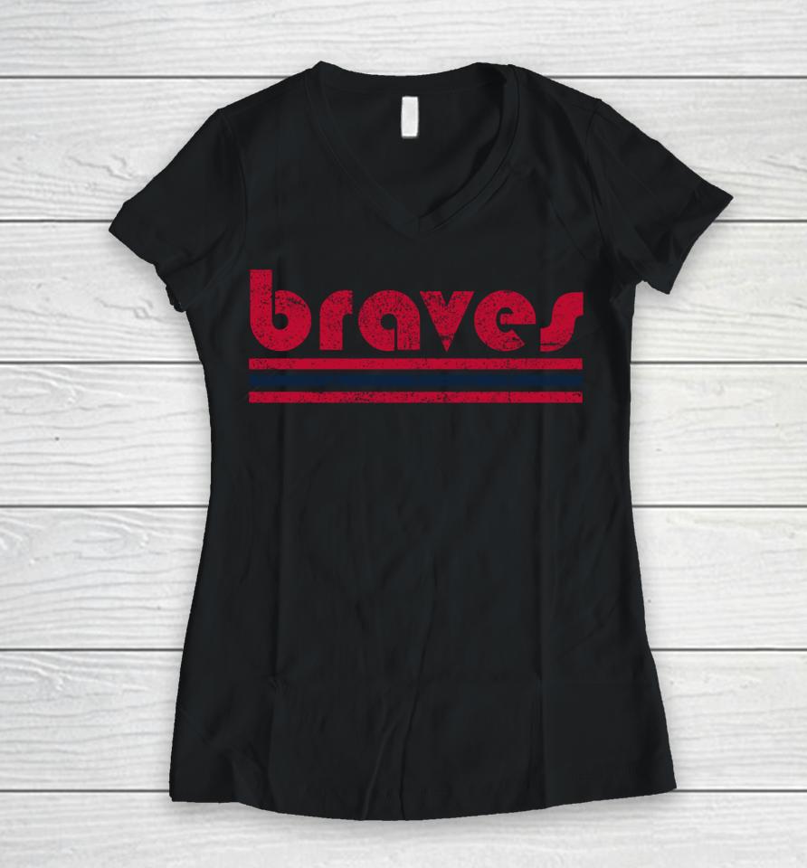 Vintage Braves Retro Three Stripe Weathered Women V-Neck T-Shirt