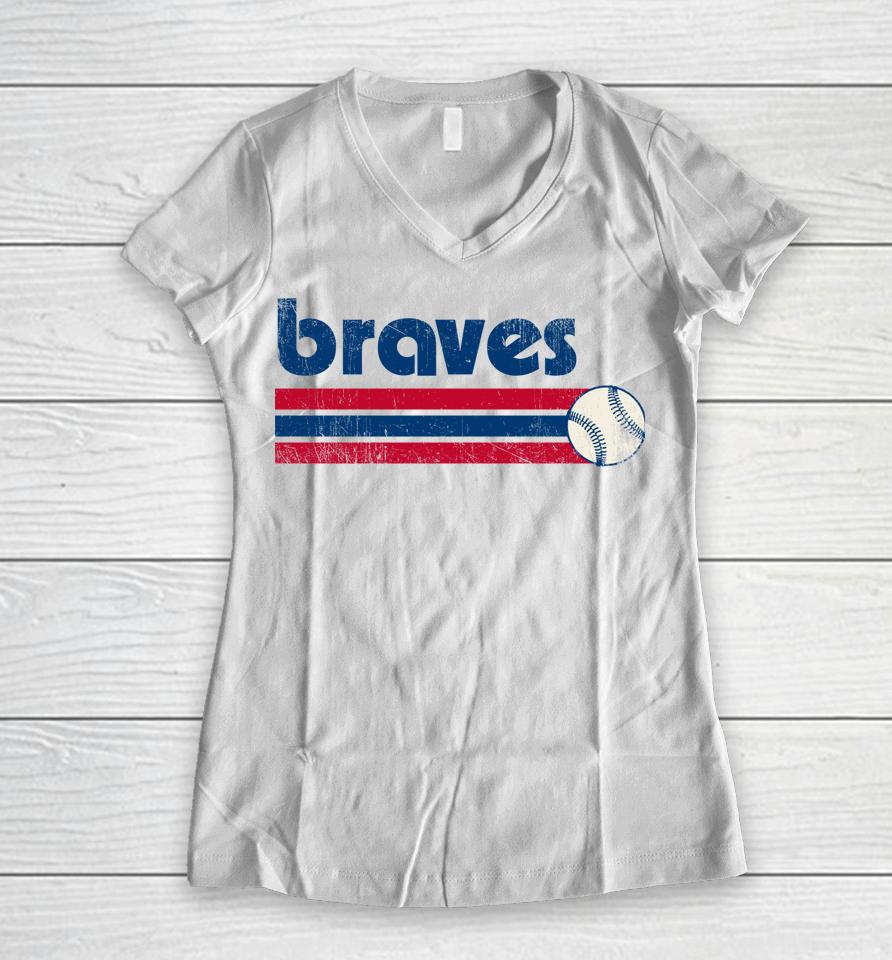 Vintage Braves Retro Three Stripe Weathered Women V-Neck T-Shirt