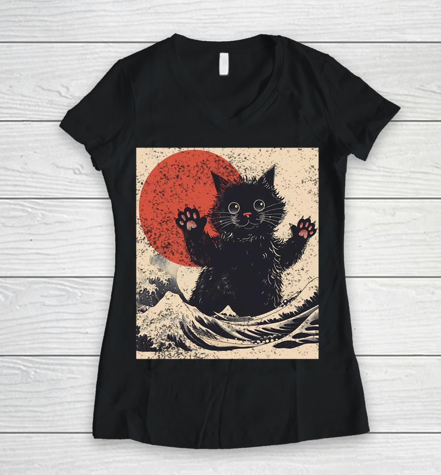 Vintage Catzilla Cat Japanese Art Women V-Neck T-Shirt