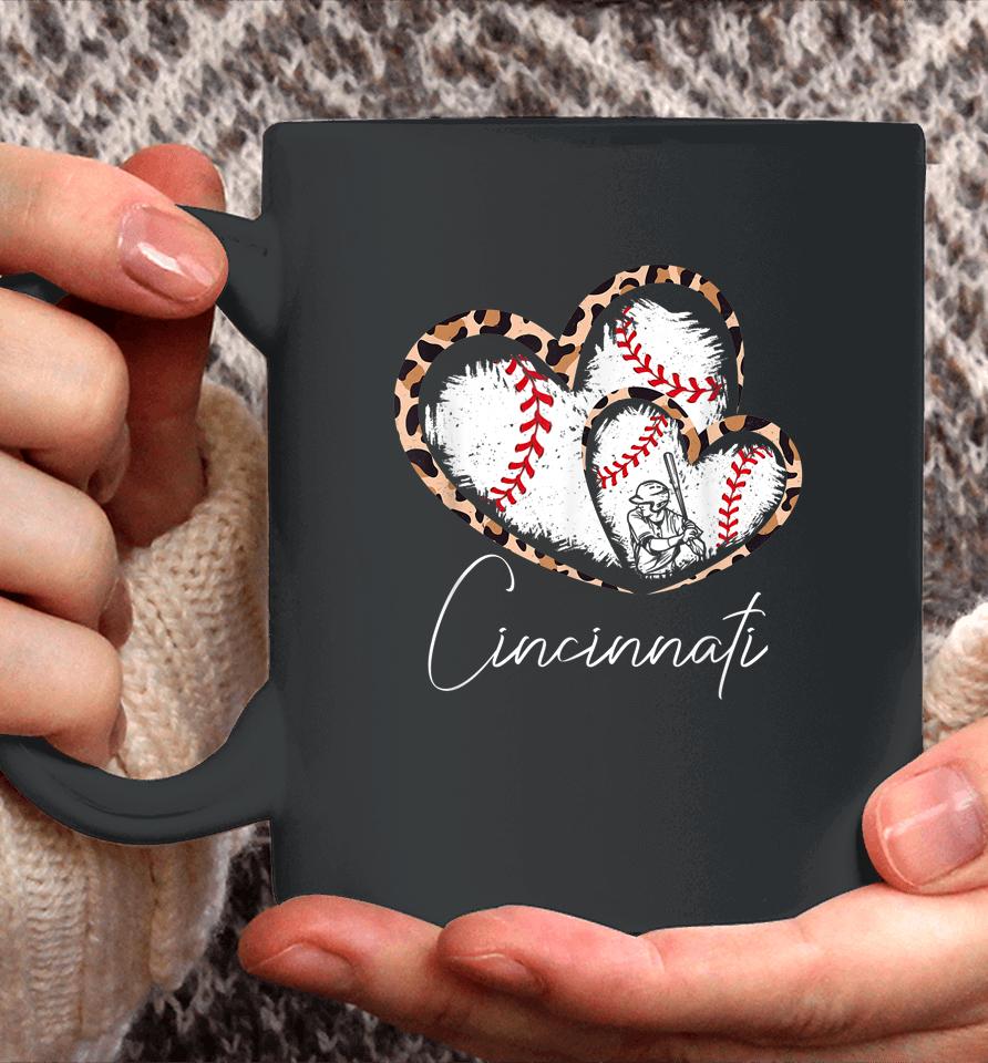 Vintage Cincinnati Baseball Leopard Heart Baseball Fans Coffee Mug