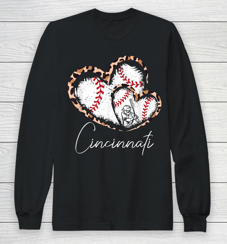 Vintage Cincinnati Baseball Leopard Heart Baseball Fans Long Sleeve T-Shirt