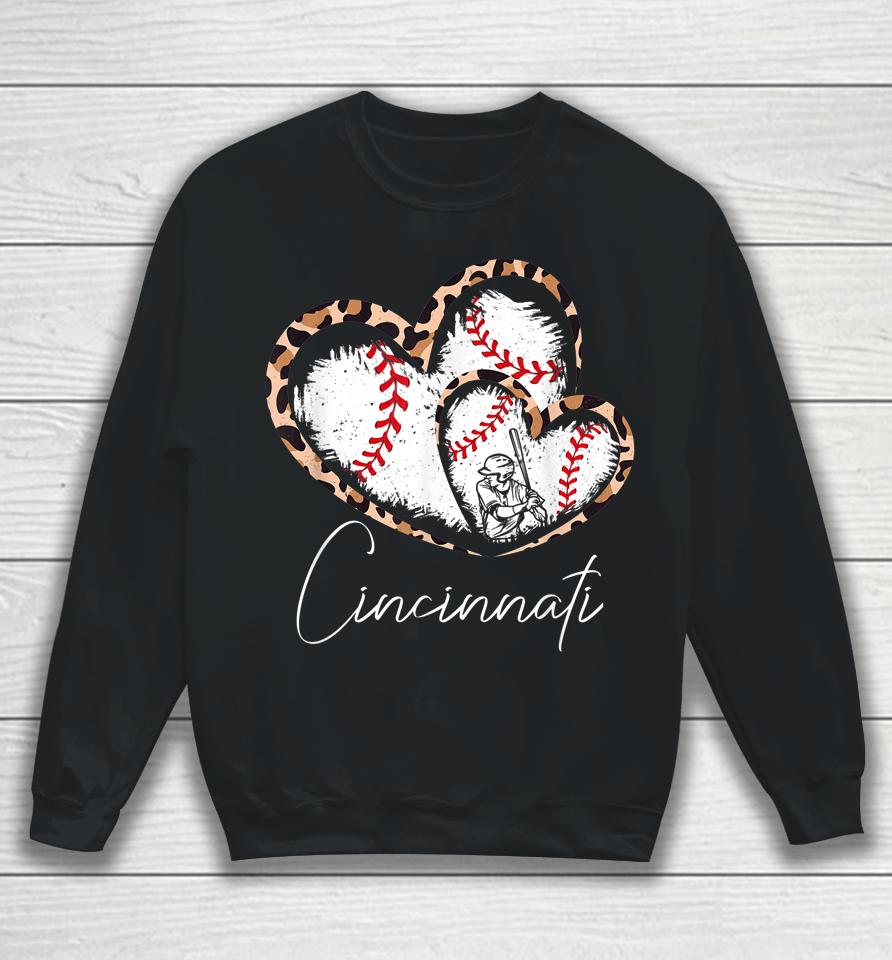 Vintage Cincinnati Baseball Leopard Heart Baseball Fans Sweatshirt
