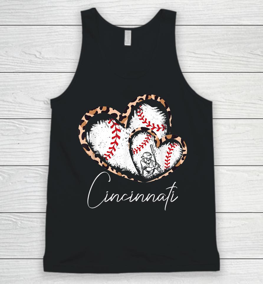 Vintage Cincinnati Baseball Leopard Heart Baseball Fans Unisex Tank Top
