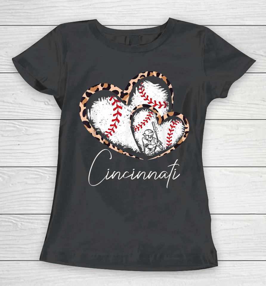 Vintage Cincinnati Baseball Leopard Heart Baseball Fans Women T-Shirt
