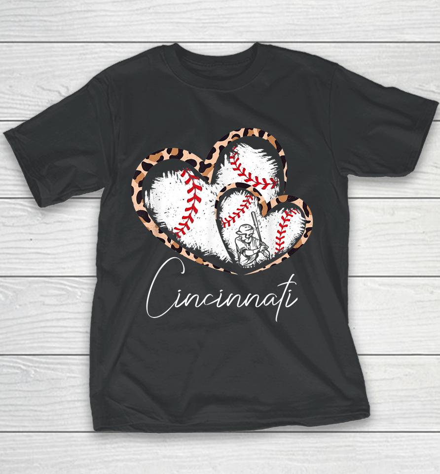Vintage Cincinnati Baseball Leopard Heart Baseball Fans Youth T-Shirt