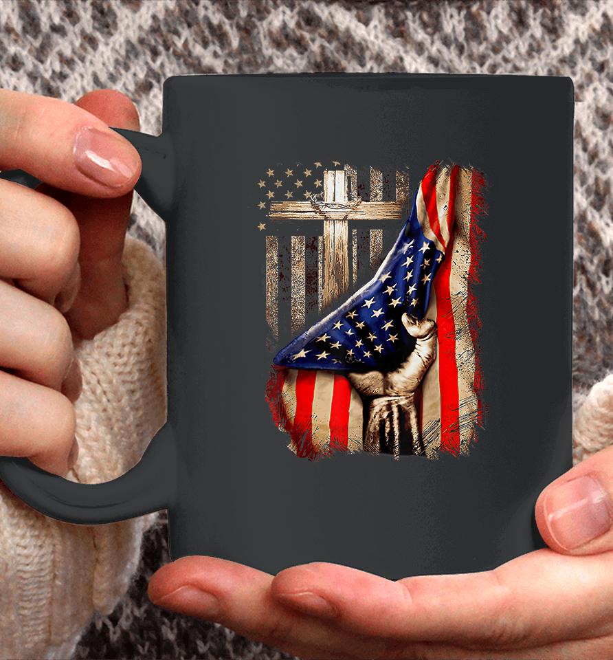 Vintage Faith Over Fear Christian Cross American Flag Coffee Mug