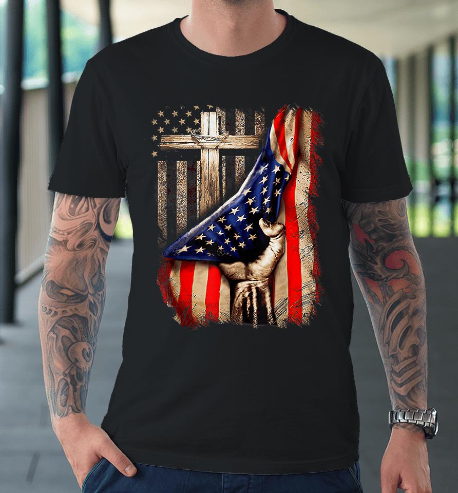 Vintage Faith Over Fear Christian Cross American Flag Premium T-Shirt