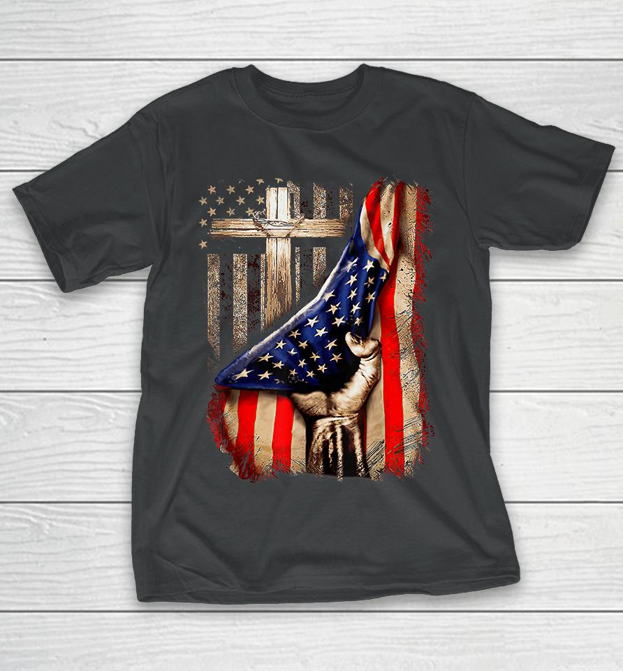Vintage Faith Over Fear Christian Cross American Flag T-Shirt