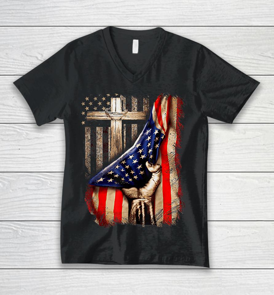 Vintage Faith Over Fear Christian Cross American Flag Unisex V-Neck T-Shirt
